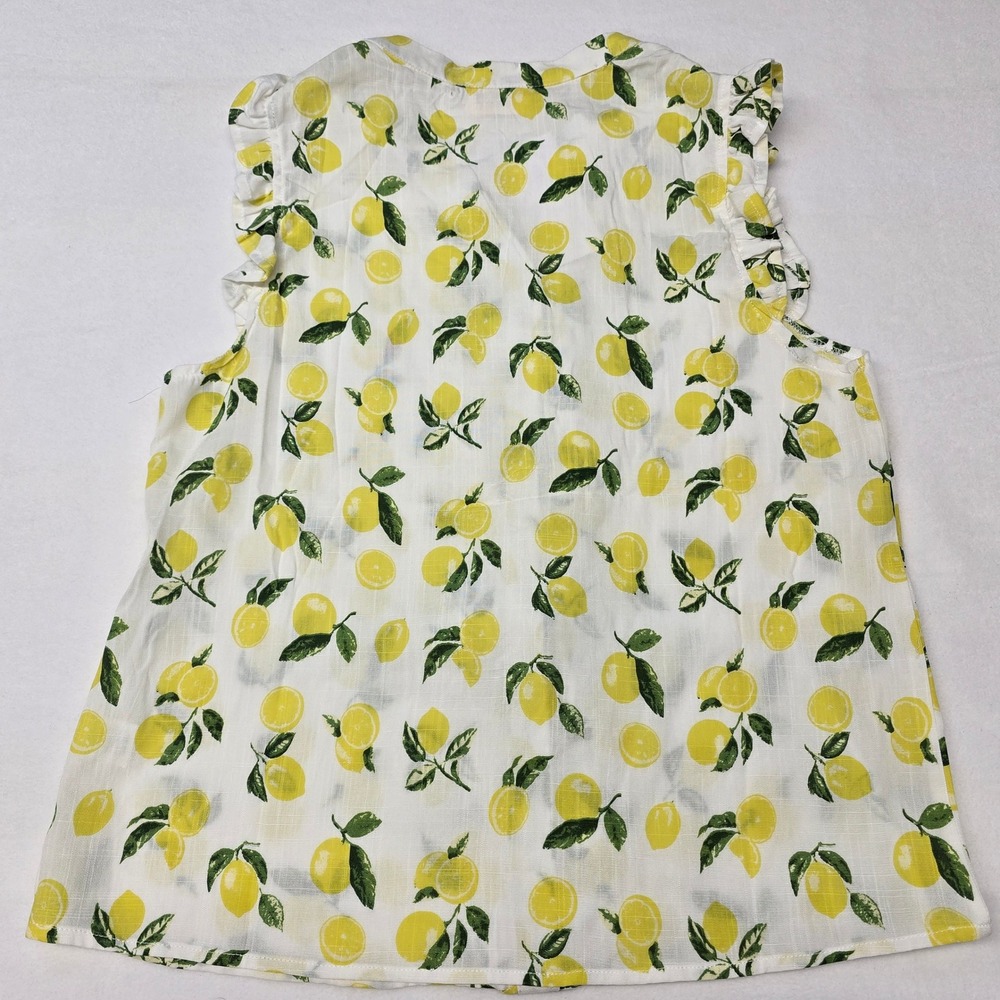 Ember Lemon Print Ruffle Button Front Linen Tank Top Medium Citrus Light Italy - Picture 4 of 8